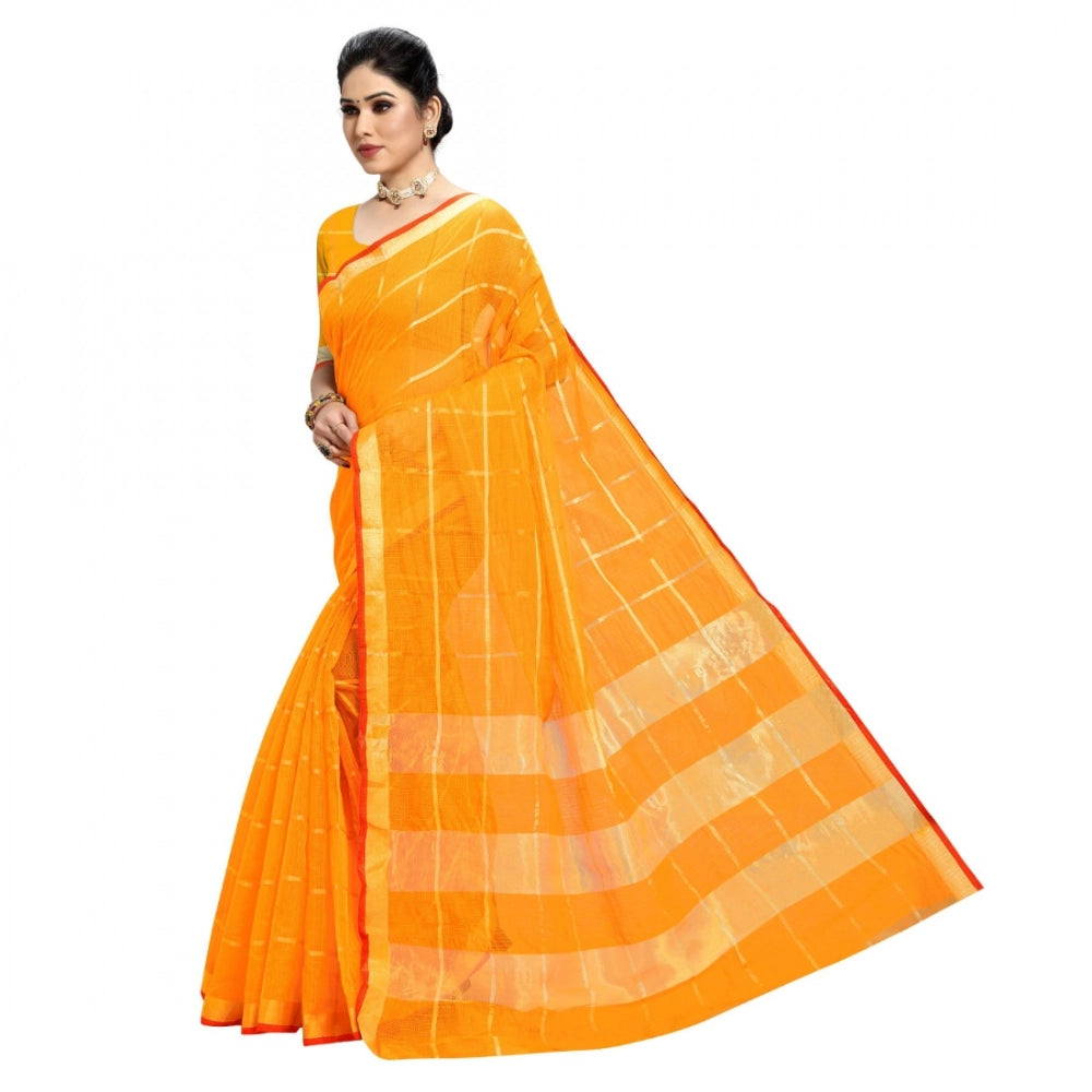 Snuggle Spot Women's Kota Doria Cotton Checked Saree With Blouse (Yellow, 5-6 Mtrs)