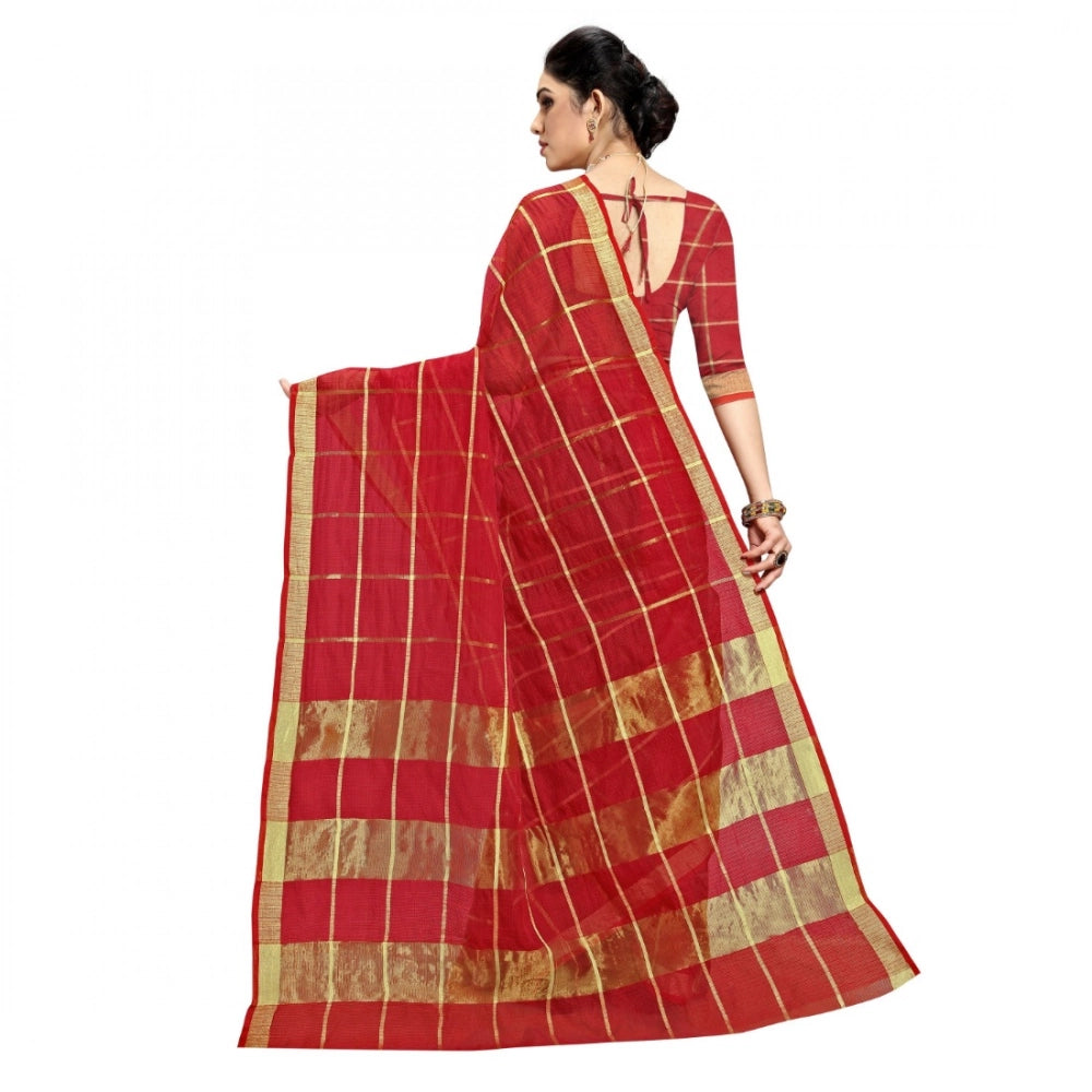 Snuggle Spot Women's Kota Doria Cotton Checked Saree With Blouse (Red, 5-6 Mtrs)
