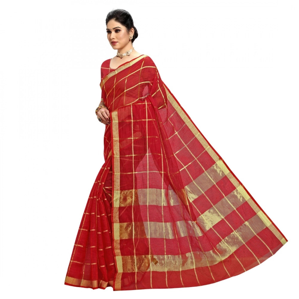 Snuggle Spot Women's Kota Doria Cotton Checked Saree With Blouse (Red, 5-6 Mtrs)