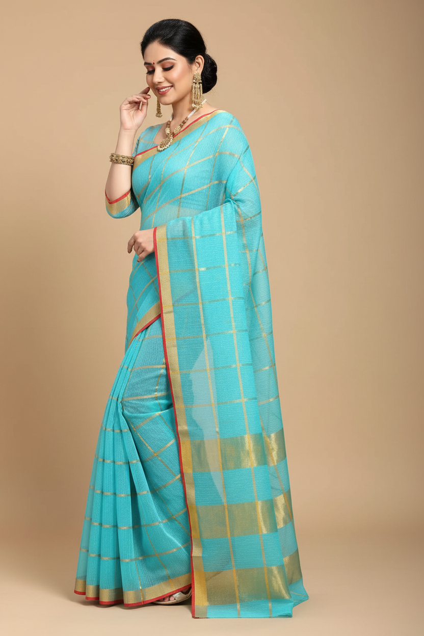 Snuggle Spot Women's Kota Doria Cotton Checked Saree With Blouse (Sky Blue, 5-6 Mtrs)