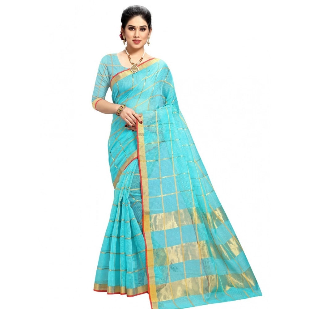 Snuggle Spot Women's Kota Doria Cotton Checked Saree With Blouse (Sky Blue, 5-6 Mtrs)