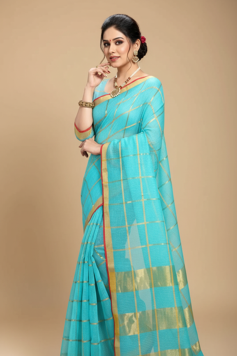 Snuggle Spot Women's Kota Doria Cotton Checked Saree With Blouse (Sky Blue, 5-6 Mtrs)