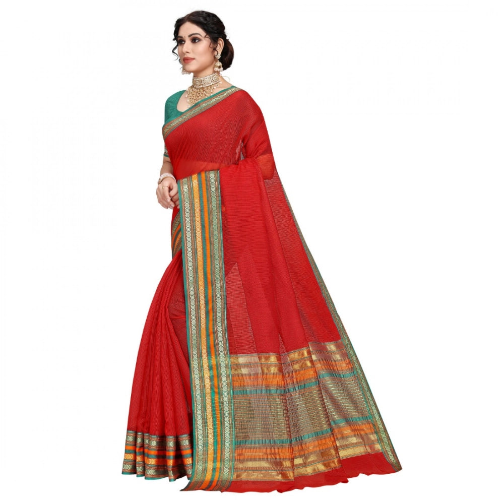 Snuggle Spot Women's Kota Doria Cotton Bordered Saree With Blouse (Red, 5-6 Mtrs)