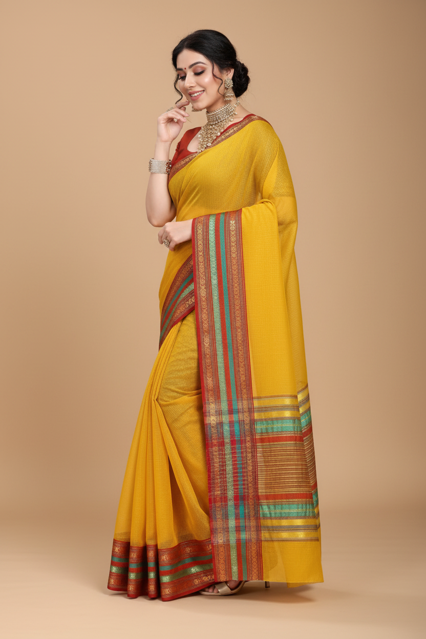 Snuggle Spot Women's Kota Doria Cotton Bordered Saree With Blouse (Yellow, 5-6 Mtrs)