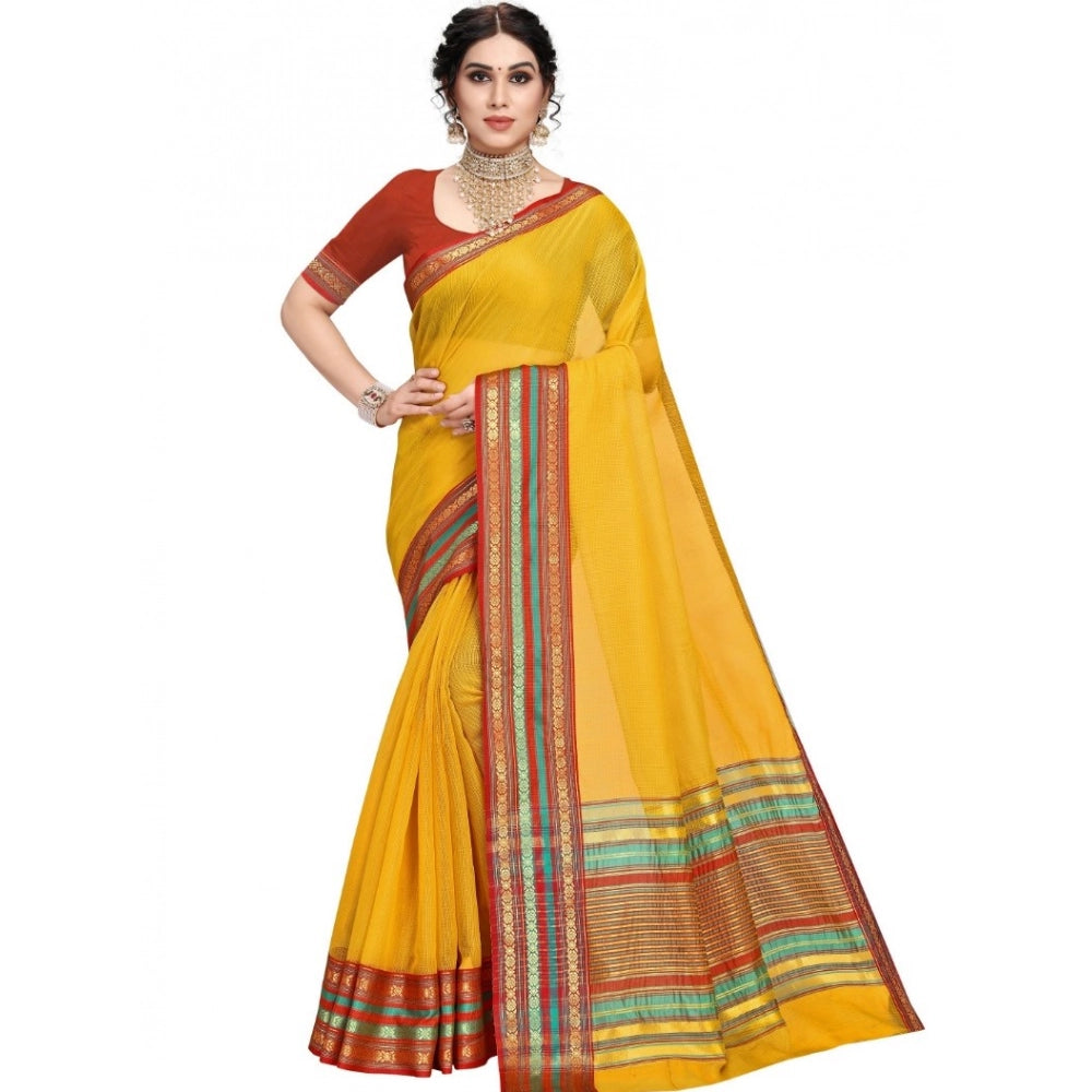 Snuggle Spot Women's Kota Doria Cotton Bordered Saree With Blouse (Yellow, 5-6 Mtrs)