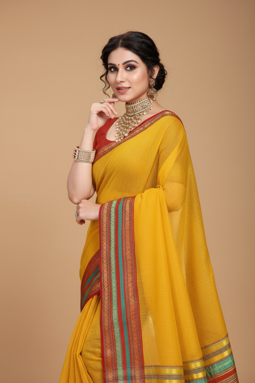 Snuggle Spot Women's Kota Doria Cotton Bordered Saree With Blouse (Yellow, 5-6 Mtrs)