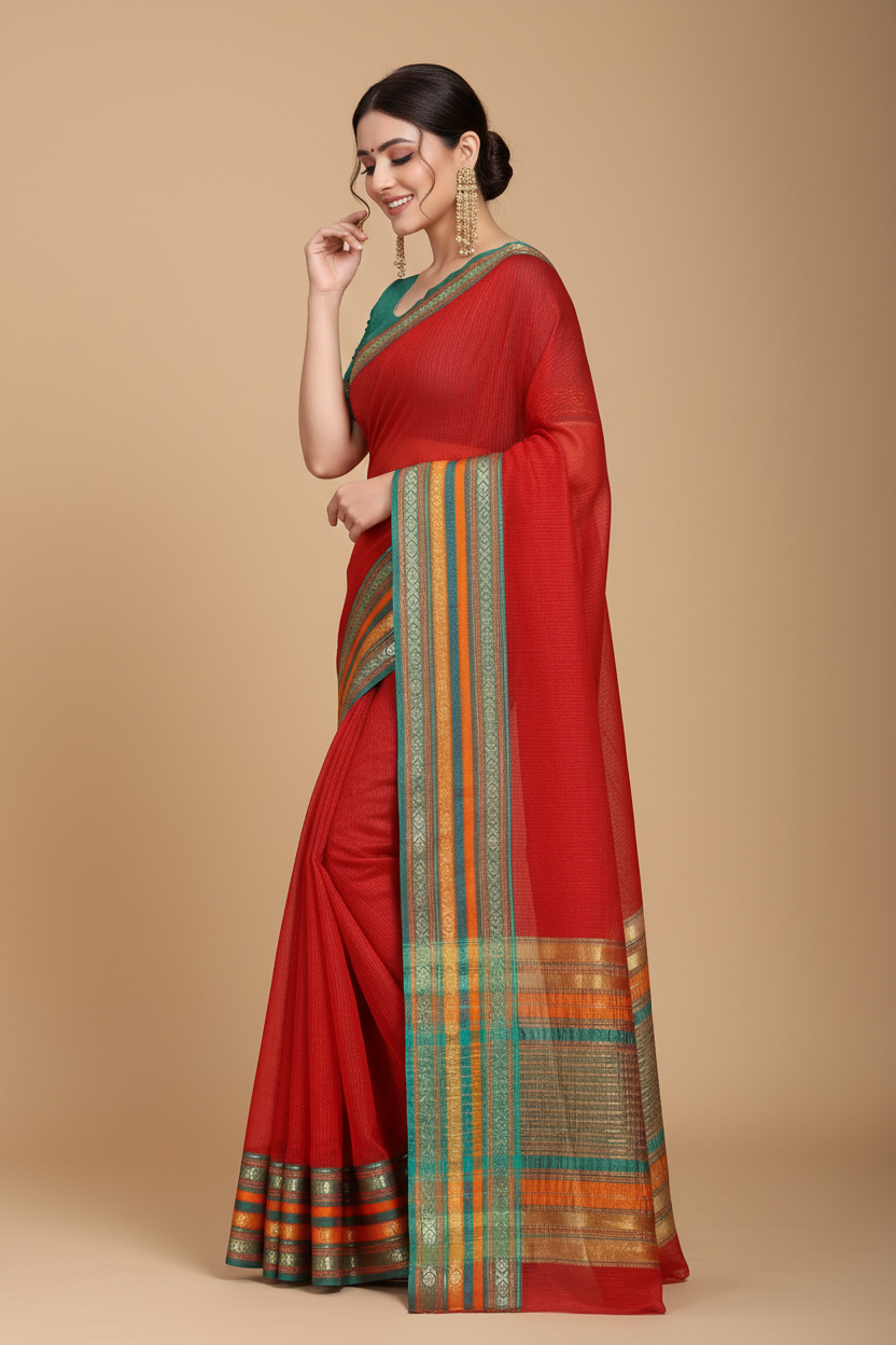 Snuggle Spot Women's Kota Doria Cotton Bordered Saree With Blouse (Red, 5-6 Mtrs)