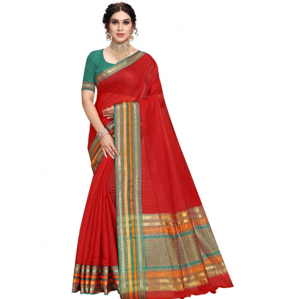 Snuggle Spot Women's Kota Doria Cotton Bordered Saree With Blouse (Red, 5-6 Mtrs)