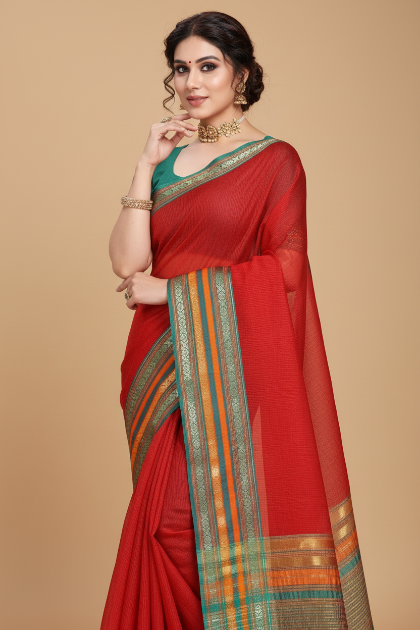 Snuggle Spot Women's Kota Doria Cotton Bordered Saree With Blouse (Red, 5-6 Mtrs)