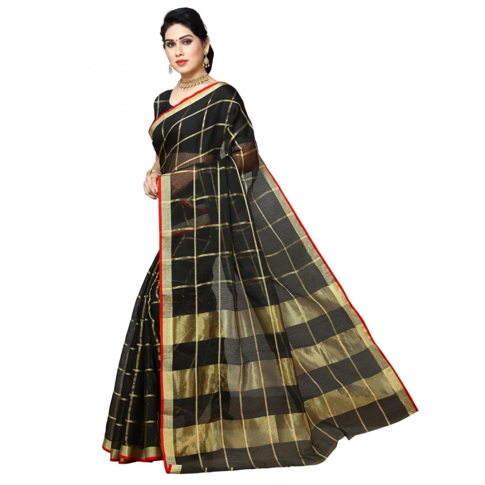 Snuggle Spot Women's Kota Doria Cotton Checked Saree With Blouse (Black, 5-6 Mtrs)