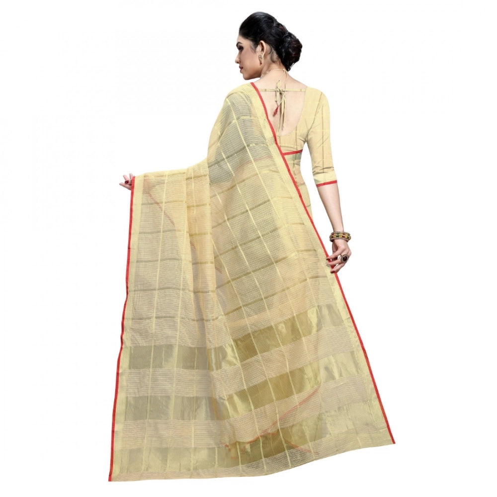 Snuggle Spot Women's Kota Doria Cotton Checked Saree With Blouse (Beige, 5-6 Mtrs)