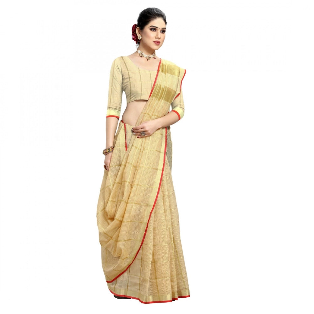Snuggle Spot Women's Kota Doria Cotton Checked Saree With Blouse (Beige, 5-6 Mtrs)