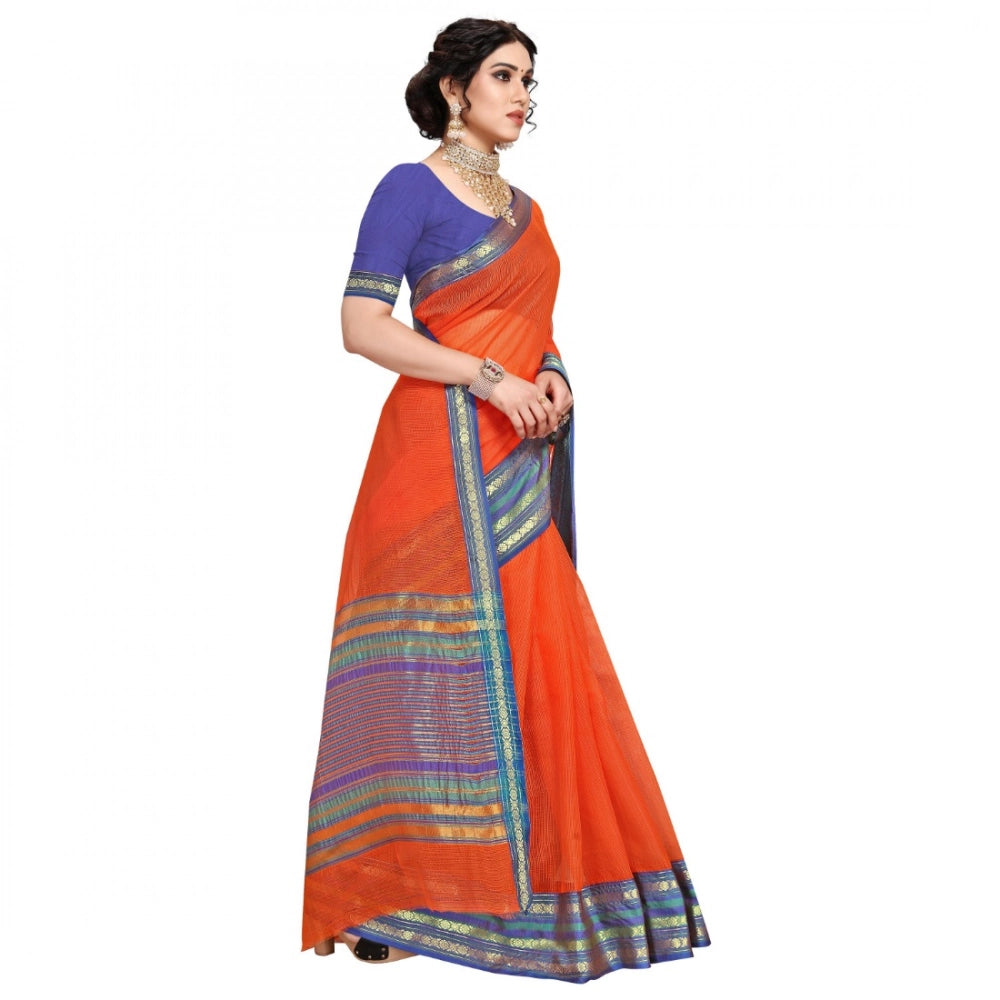 Snuggle Spot Women's Kota Doria Cotton Bordered Saree With Blouse (Fanta, 5-6 Mtrs)