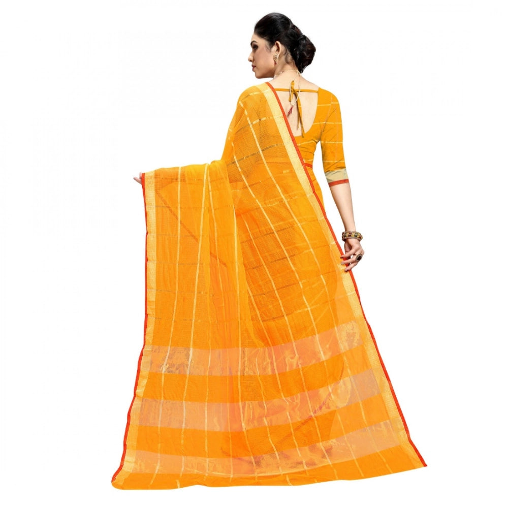 Snuggle Spot Women's Kota Doria Cotton Checked Saree With Blouse (Yellow, 5-6 Mtrs)