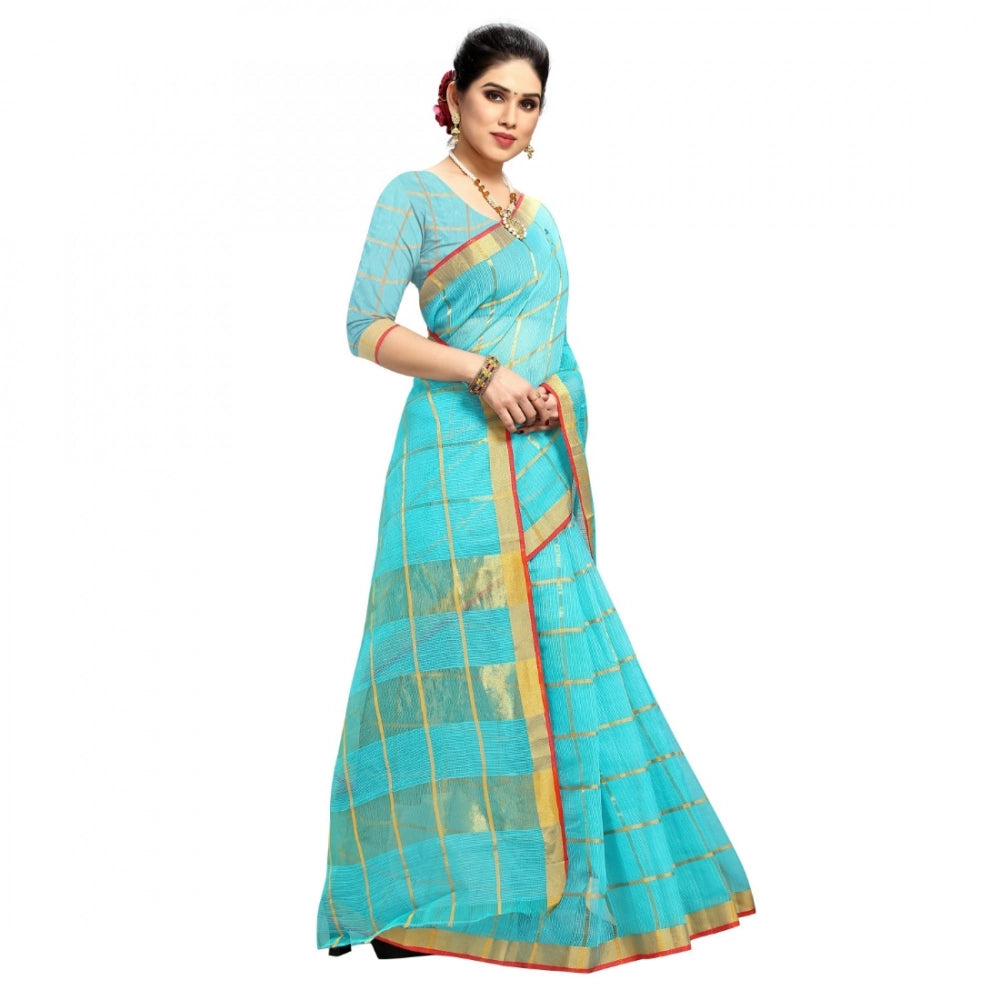 Snuggle Spot Women's Kota Doria Cotton Checked Saree With Blouse (Sky Blue, 5-6 Mtrs)
