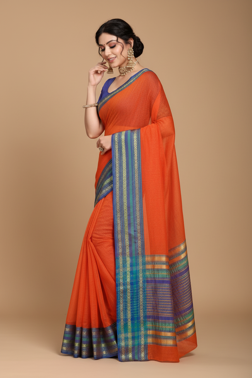 Snuggle Spot Women's Kota Doria Cotton Bordered Saree With Blouse (Fanta, 5-6 Mtrs)