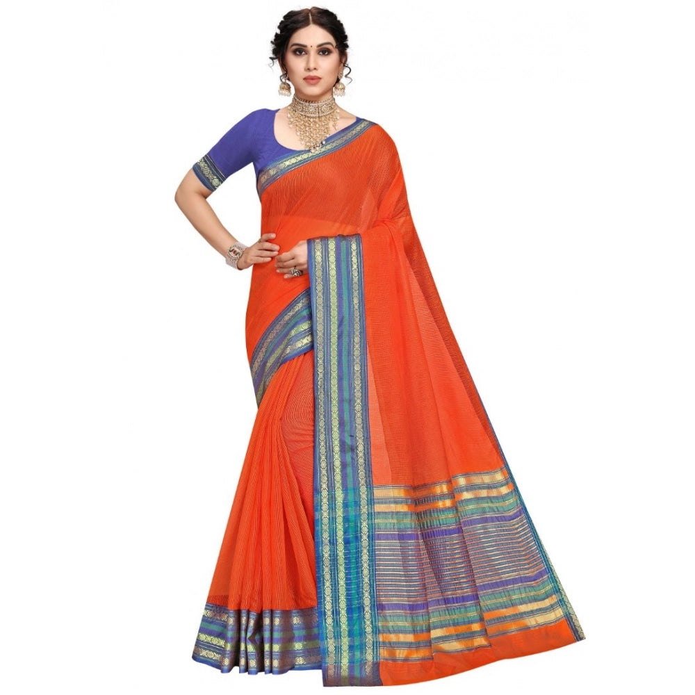 Snuggle Spot Women's Kota Doria Cotton Bordered Saree With Blouse (Fanta, 5-6 Mtrs)