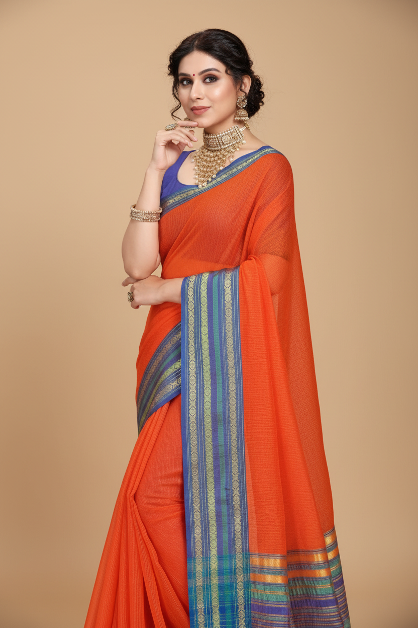 Snuggle Spot Women's Kota Doria Cotton Bordered Saree With Blouse (Fanta, 5-6 Mtrs)