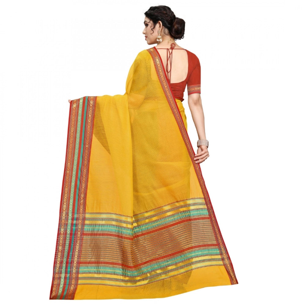 Snuggle Spot Women's Kota Doria Cotton Bordered Saree With Blouse (Yellow, 5-6 Mtrs)