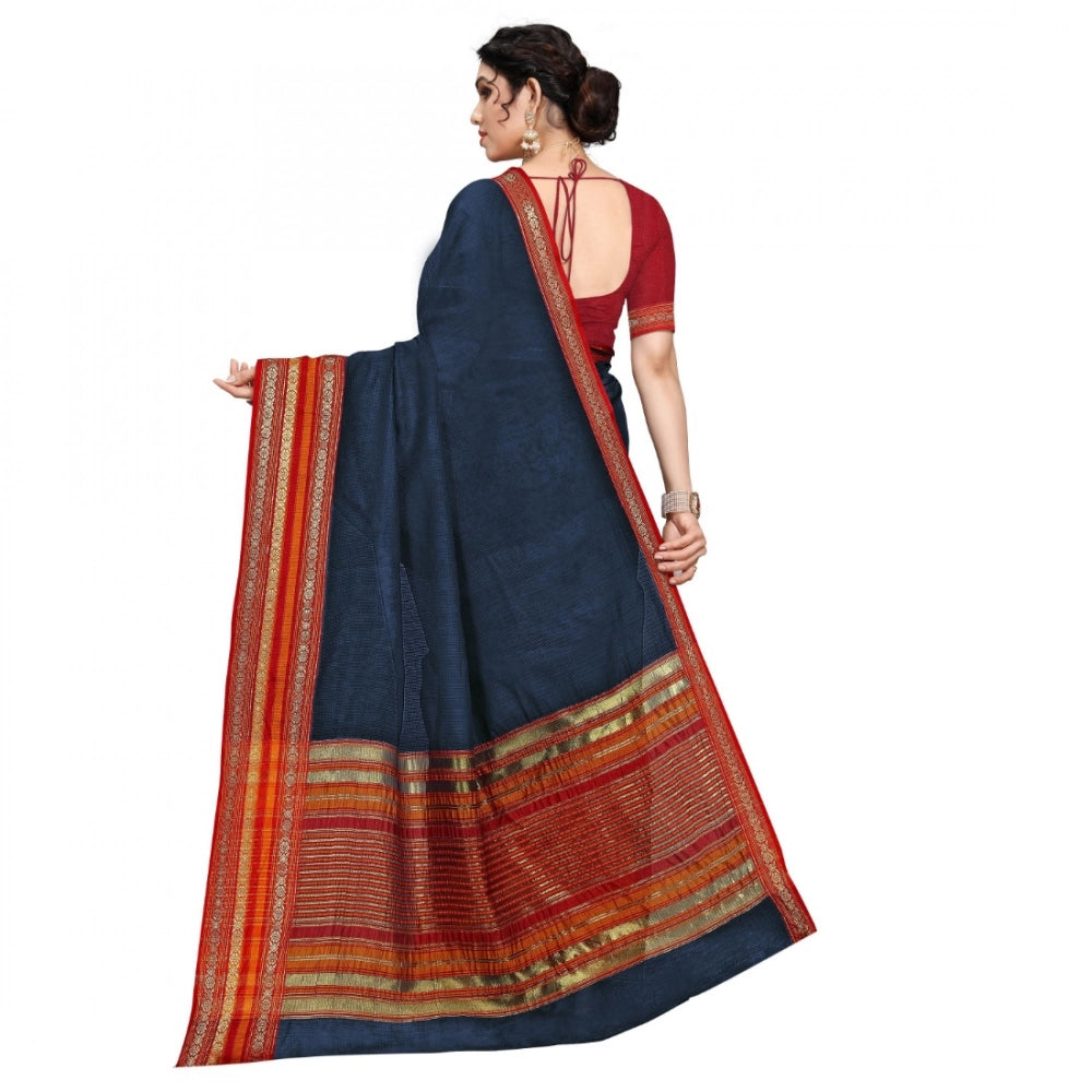 Snuggle Spot Women's Kota Doria Cotton Bordered Saree With Blouse (Navy Blue, 5-6 Mtrs)