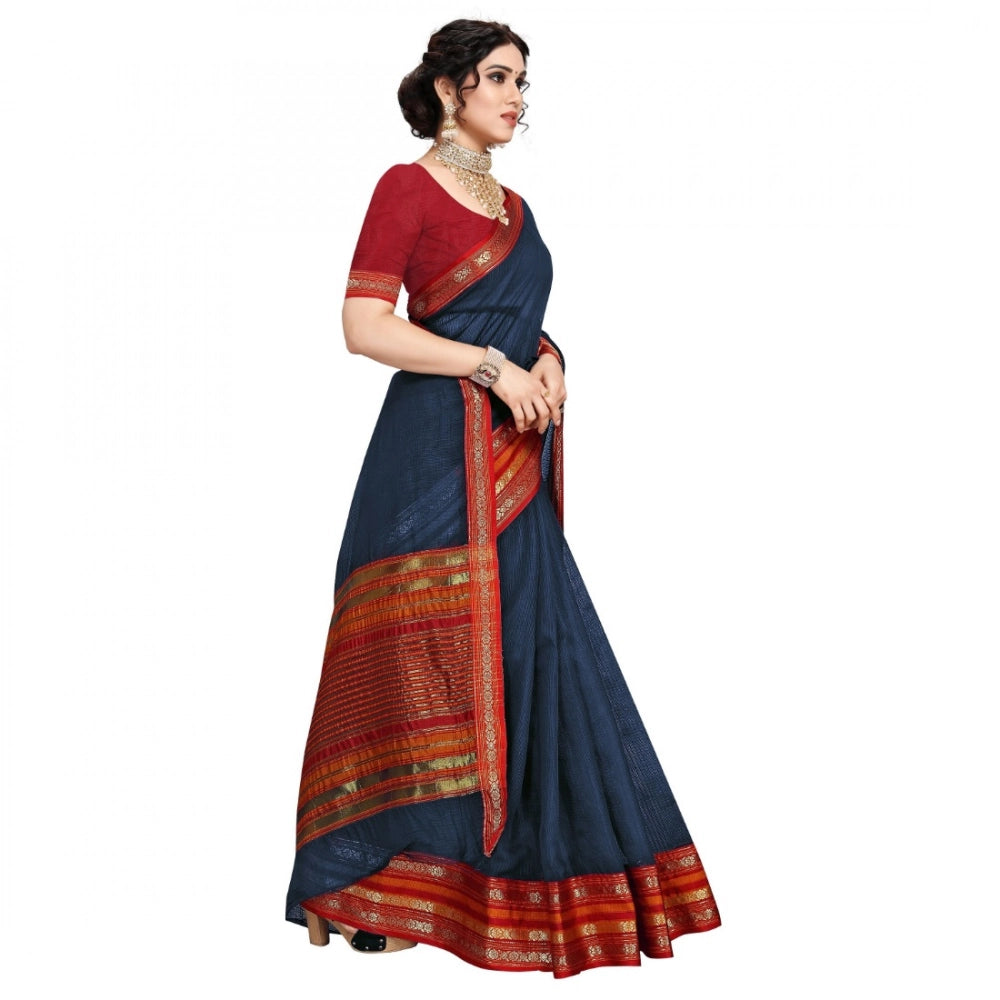 Snuggle Spot Women's Kota Doria Cotton Bordered Saree With Blouse (Navy Blue, 5-6 Mtrs)
