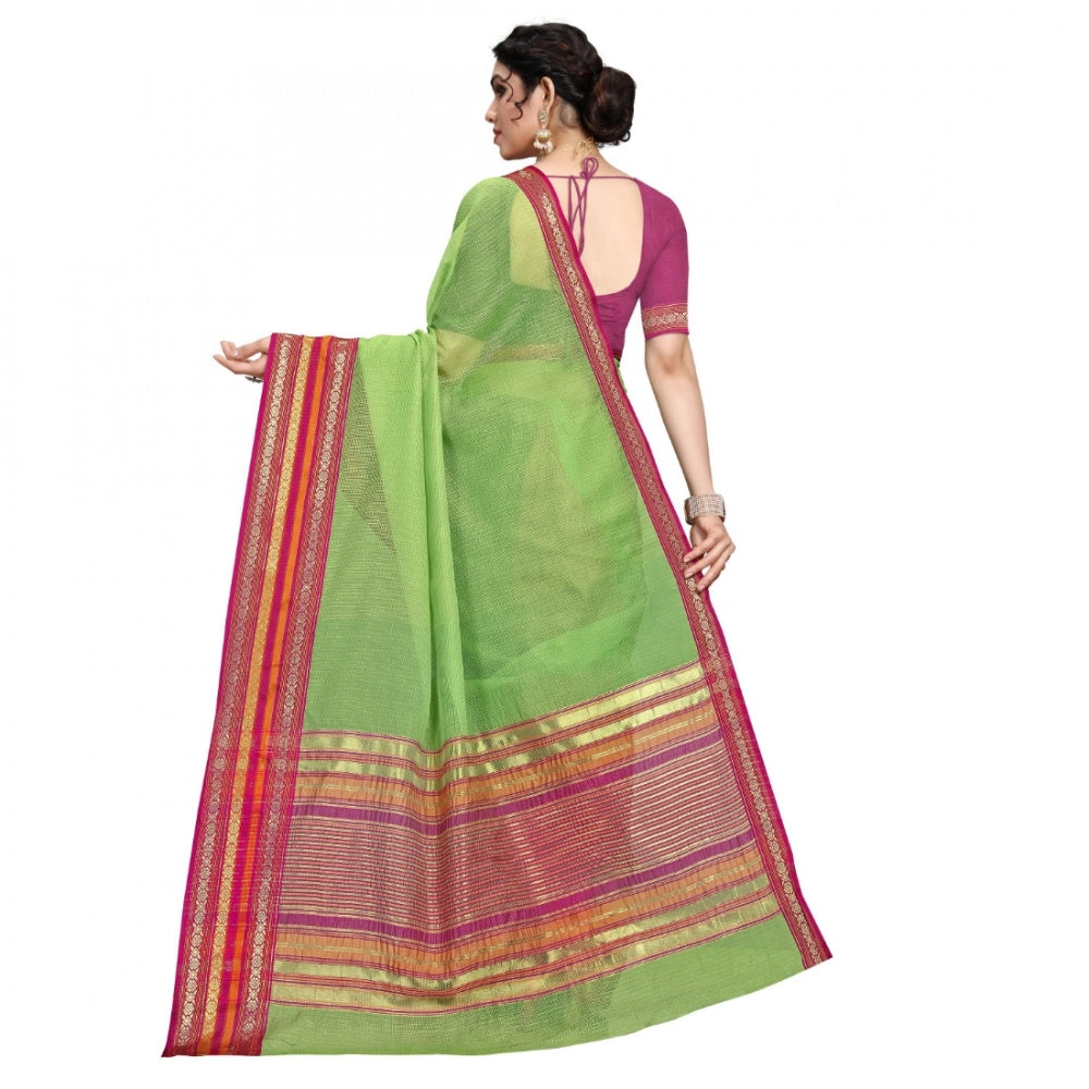 Snuggle Spot Women's Kota Doria Cotton Bordered Saree With Blouse (Light Green, 5-6 Mtrs)