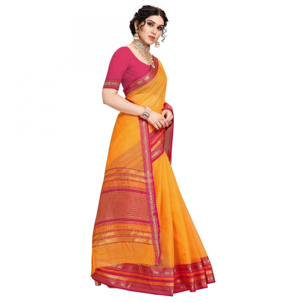 Snuggle Spot Women's Kota Doria Cotton Bordered Saree With Blouse (Gold, 5-6 Mtrs)