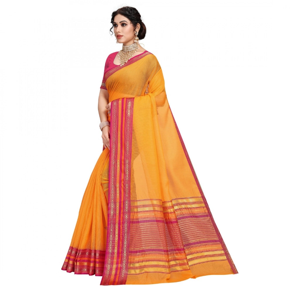 Snuggle Spot Women's Kota Doria Cotton Bordered Saree With Blouse (Gold, 5-6 Mtrs)