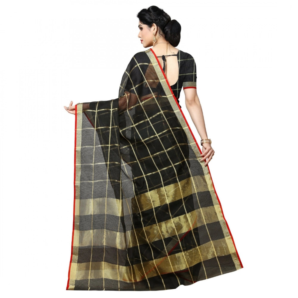 Snuggle Spot Women's Kota Doria Cotton Checked Saree With Blouse (Black, 5-6 Mtrs)