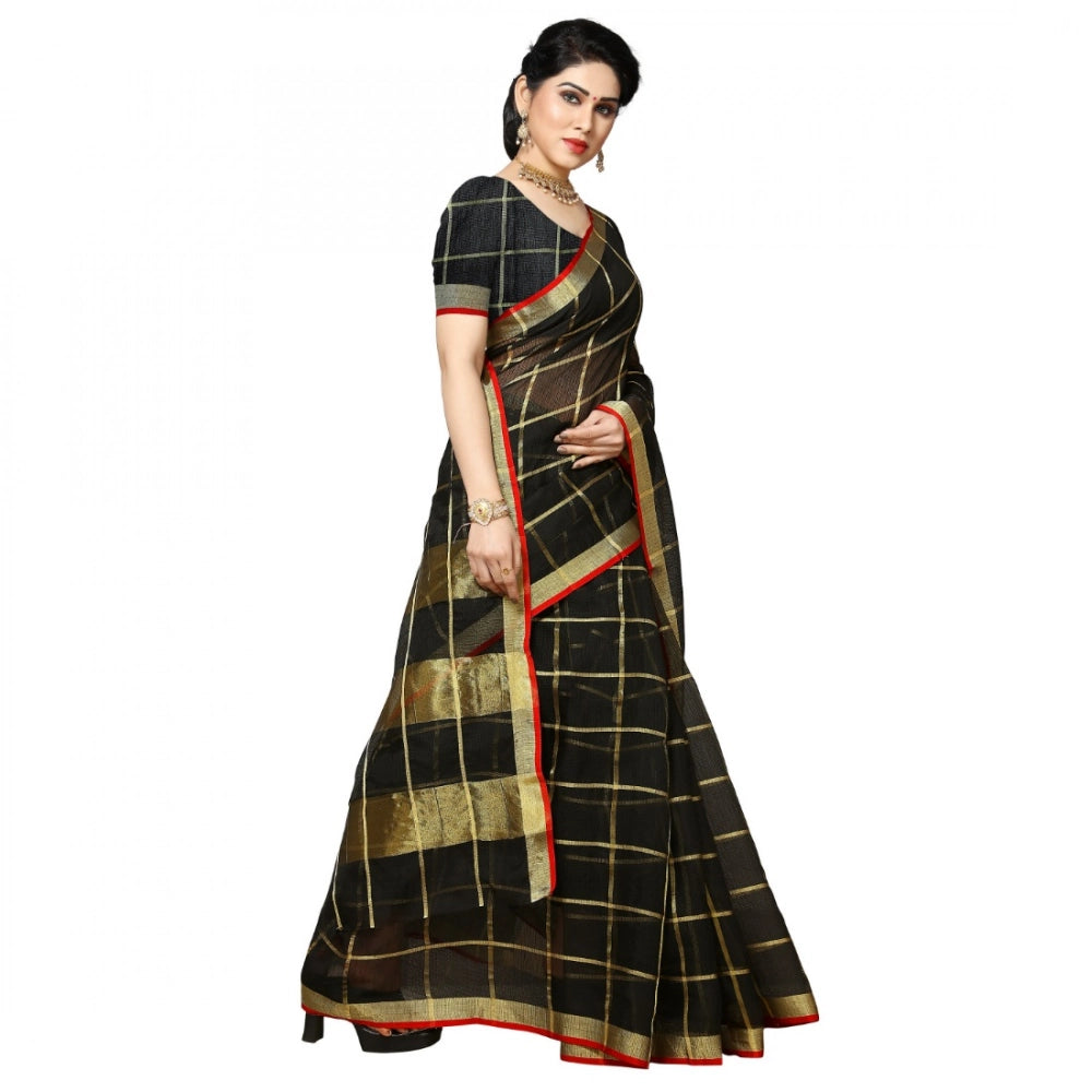 Snuggle Spot Women's Kota Doria Cotton Checked Saree With Blouse (Black, 5-6 Mtrs)