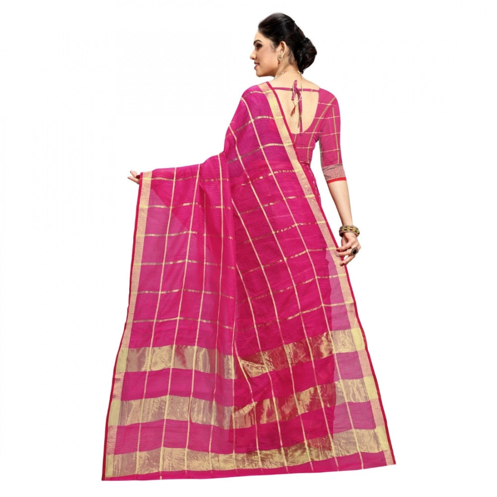 Snuggle Spot Women's Kota Doria Cotton Checked Saree With Blouse (Rani, 5-6 Mtrs)