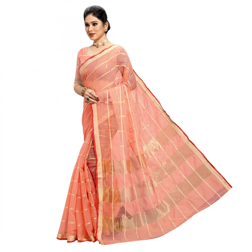 Snuggle Spot Women's Kota Doria Cotton Checked Saree With Blouse (Peach, 5-6 Mtrs)