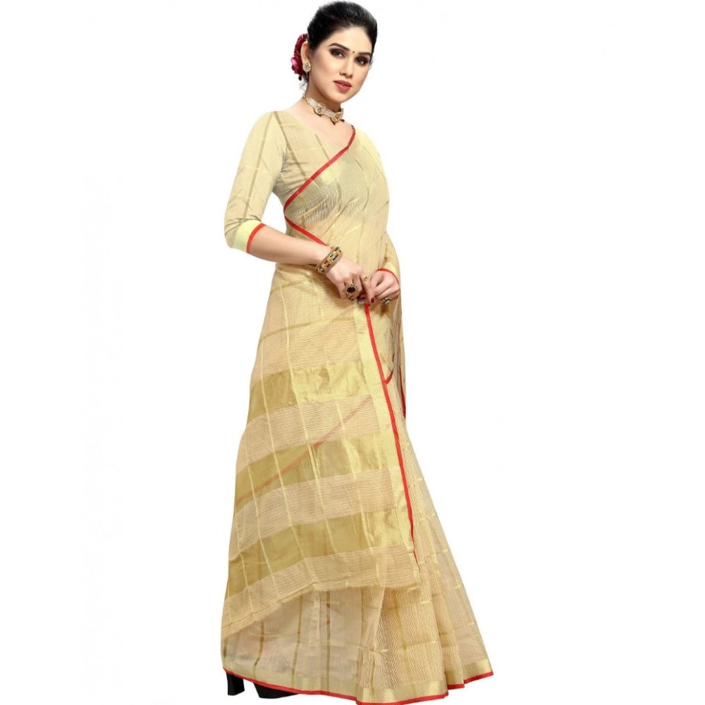 Snuggle Spot Women's Kota Doria Cotton Checked Saree With Blouse (Beige, 5-6 Mtrs)