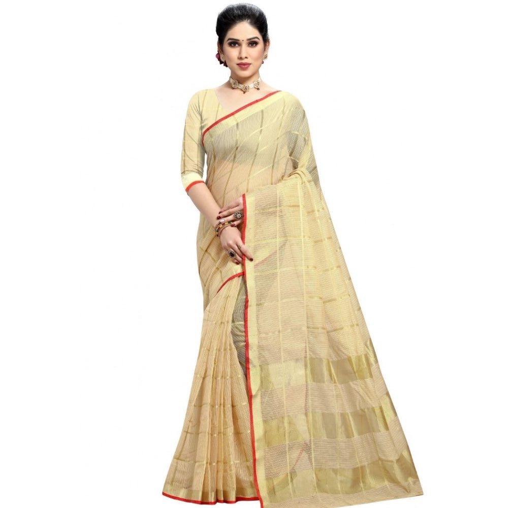 Snuggle Spot Women's Kota Doria Cotton Checked Saree With Blouse (Beige, 5-6 Mtrs)