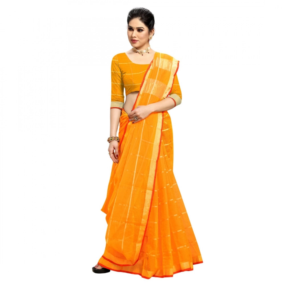 Snuggle Spot Women's Kota Doria Cotton Checked Saree With Blouse (Yellow, 5-6 Mtrs)