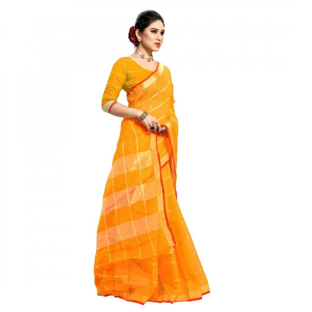 Snuggle Spot Women's Kota Doria Cotton Checked Saree With Blouse (Yellow, 5-6 Mtrs)