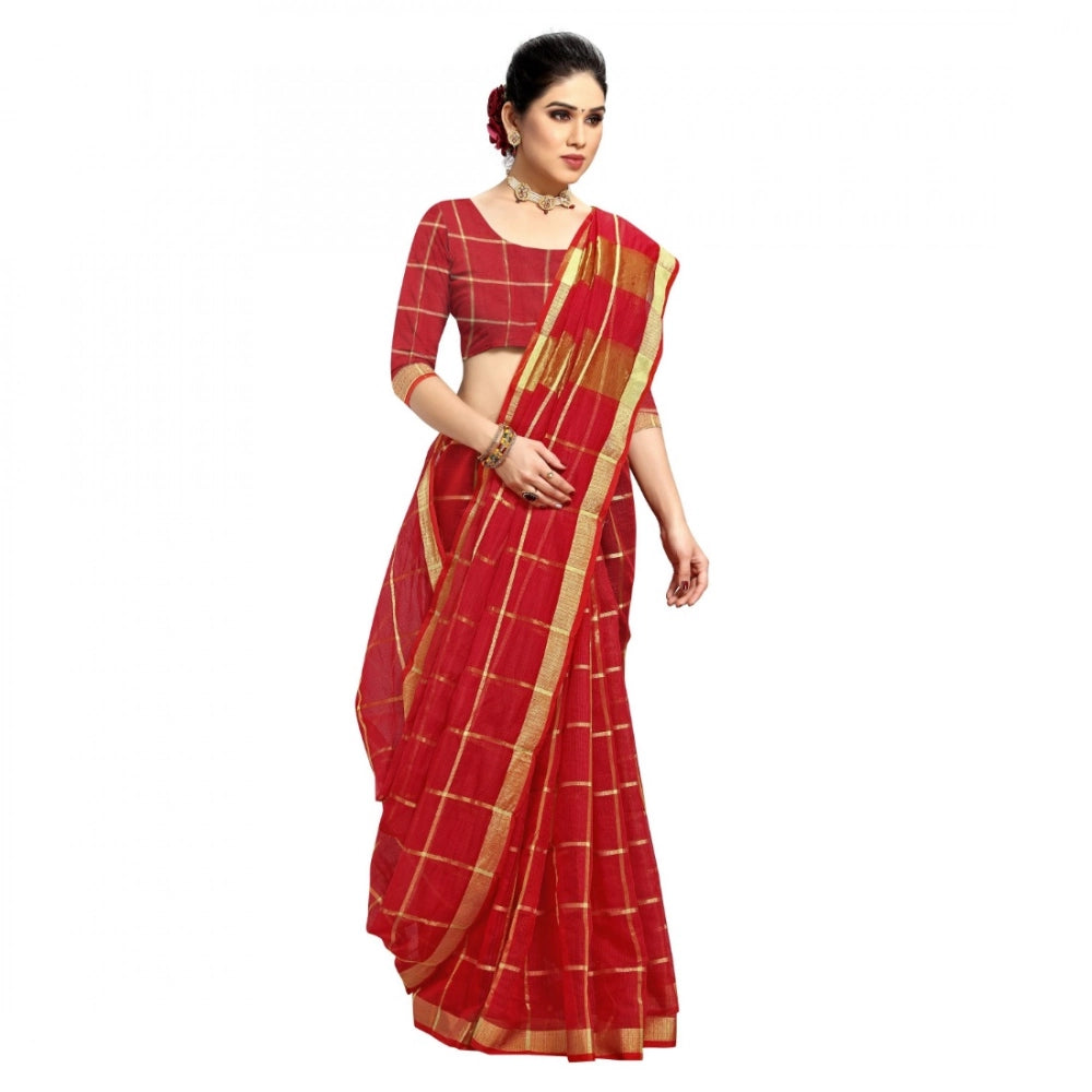 Snuggle Spot Women's Kota Doria Cotton Checked Saree With Blouse (Red, 5-6 Mtrs)
