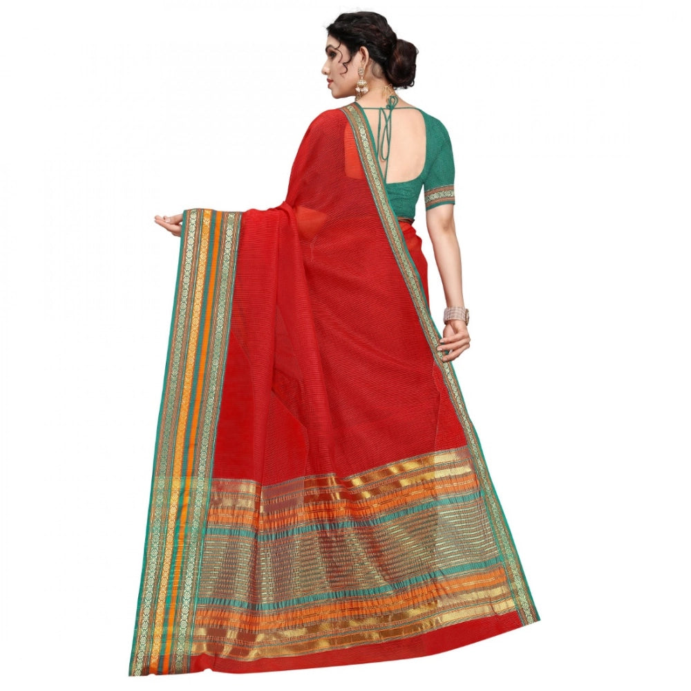 Snuggle Spot Women's Kota Doria Cotton Bordered Saree With Blouse (Red, 5-6 Mtrs)