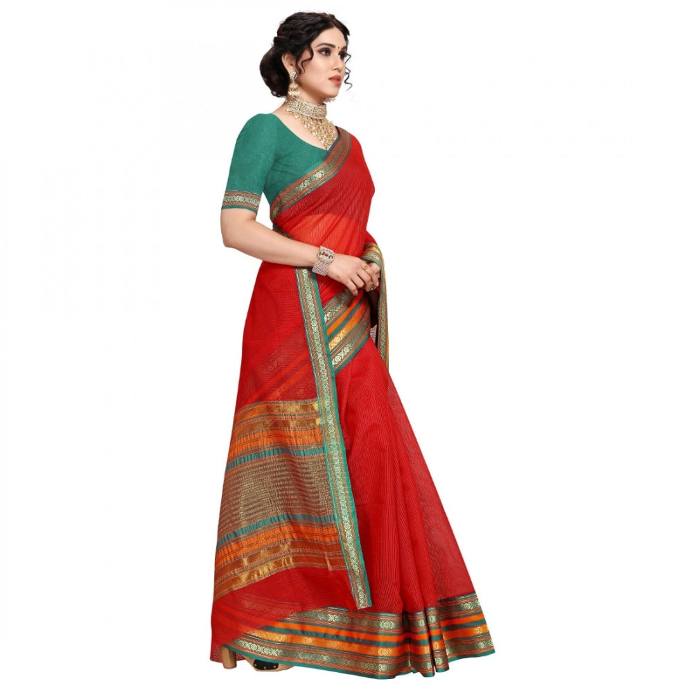 Snuggle Spot Women's Kota Doria Cotton Bordered Saree With Blouse (Red, 5-6 Mtrs)