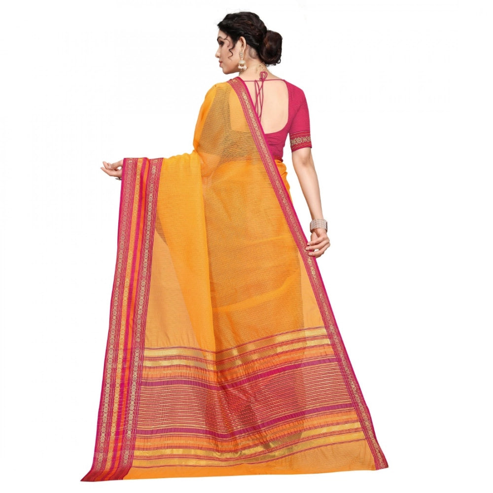 Snuggle Spot Women's Kota Doria Cotton Bordered Saree With Blouse (Gold, 5-6 Mtrs)