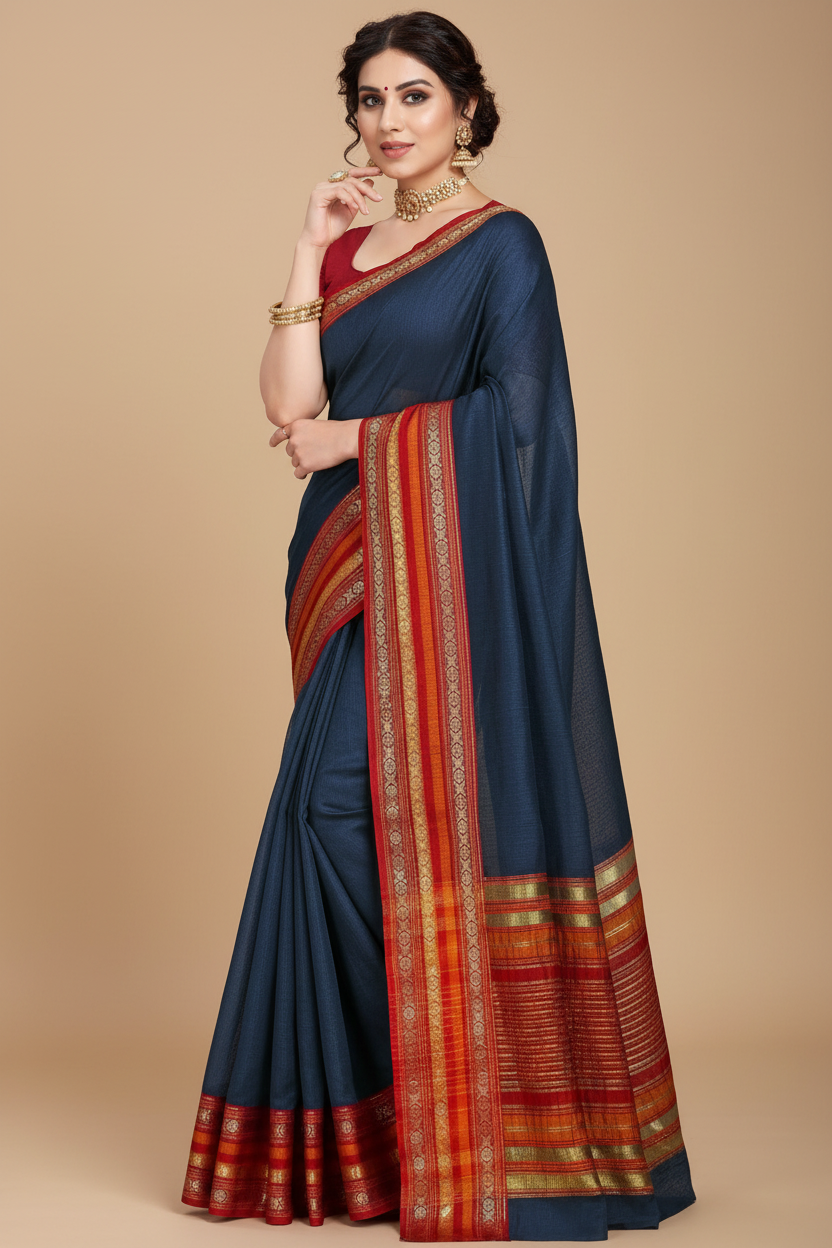 Snuggle Spot Women's Kota Doria Cotton Bordered Saree With Blouse (Navy Blue, 5-6 Mtrs)