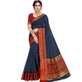 Snuggle Spot Women's Kota Doria Cotton Bordered Saree With Blouse (Navy Blue, 5-6 Mtrs)