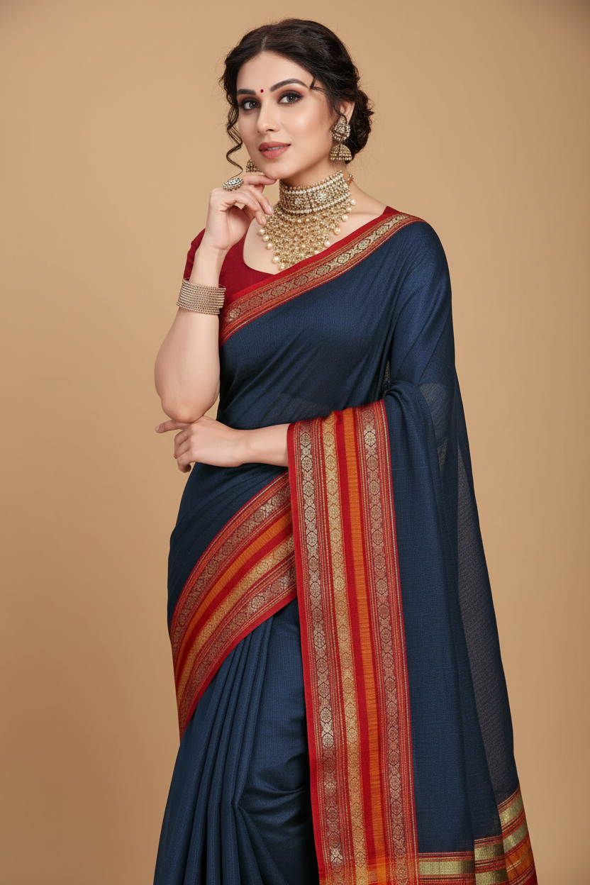 Snuggle Spot Women's Kota Doria Cotton Bordered Saree With Blouse (Navy Blue, 5-6 Mtrs)