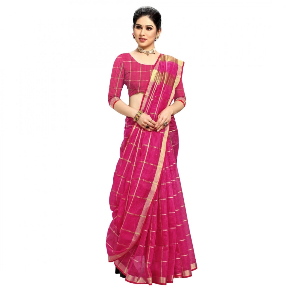 Snuggle Spot Women's Kota Doria Cotton Checked Saree With Blouse (Rani, 5-6 Mtrs)