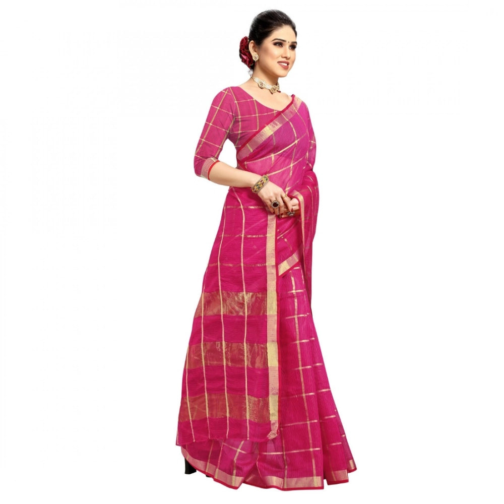 Snuggle Spot Women's Kota Doria Cotton Checked Saree With Blouse (Rani, 5-6 Mtrs)