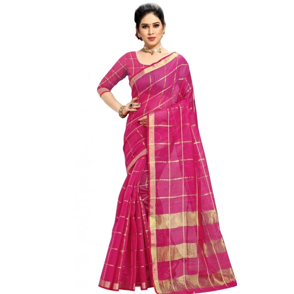 Snuggle Spot Women's Kota Doria Cotton Checked Saree With Blouse (Rani, 5-6 Mtrs)