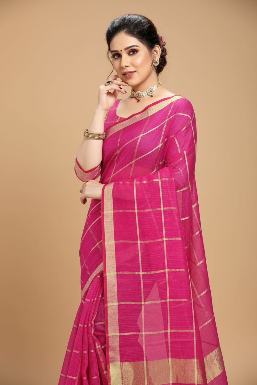 Snuggle Spot Women's Kota Doria Cotton Checked Saree With Blouse (Rani, 5-6 Mtrs)
