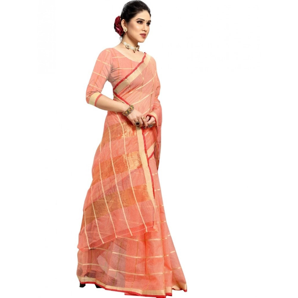 Snuggle Spot Women's Kota Doria Cotton Checked Saree With Blouse (Peach, 5-6 Mtrs)