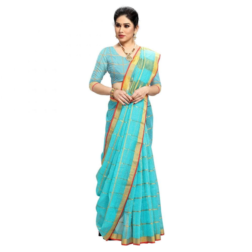 Snuggle Spot Women's Kota Doria Cotton Checked Saree With Blouse (Sky Blue, 5-6 Mtrs)