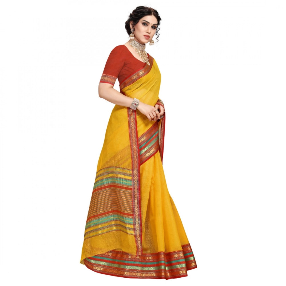 Snuggle Spot Women's Kota Doria Cotton Bordered Saree With Blouse (Yellow, 5-6 Mtrs)